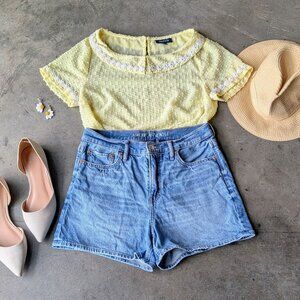 Modcloth Yellow Daisy Collared Short Sleeve Clip Dot Sheer Blouse medium